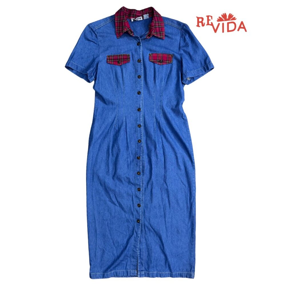 Vintage Plaid Collared Blue Jean Maxi Dress - Picture 1 of 6